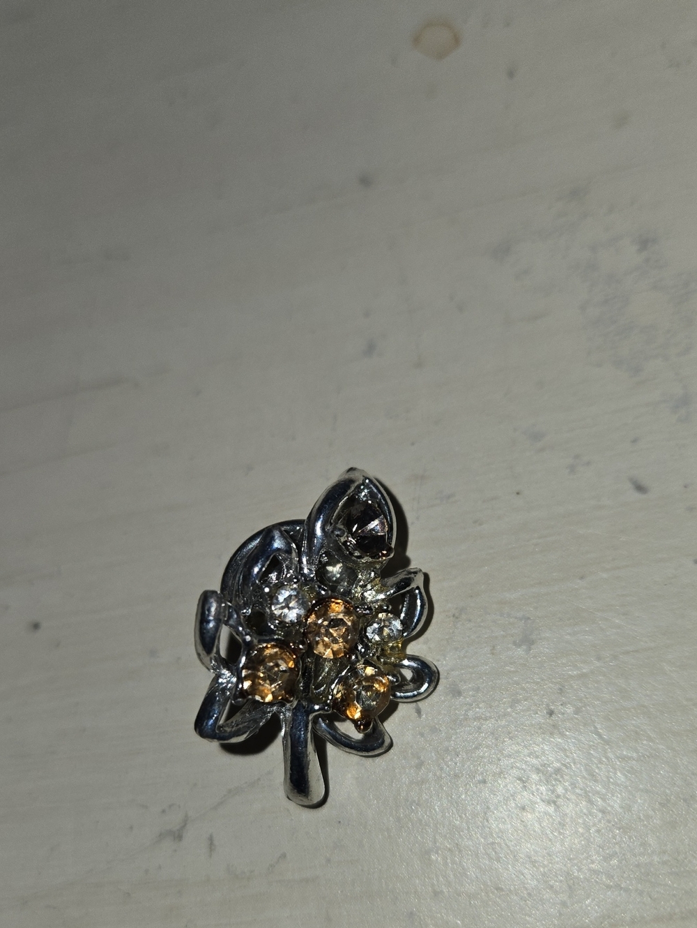 Silver Floral Crystal Brooch with Amber Accents